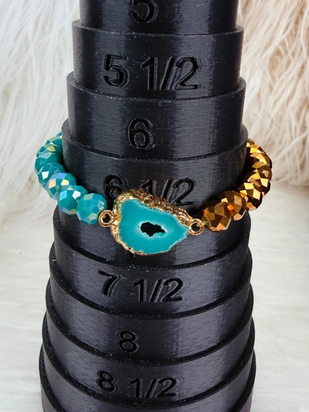 Goldtone Turquoise Blue Green Colored Brown reflective Beaded Stretch Bracelet